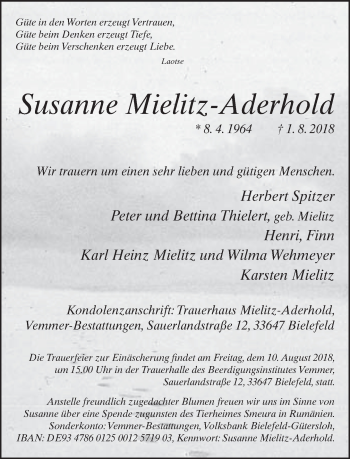 Traueranzeige von Susanne Mielitz-Aderhold von Neue Westfälische