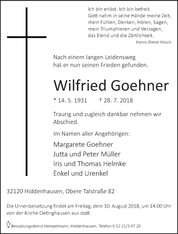 Traueranzeige von Wilfried Goehner von Neue Westfälische