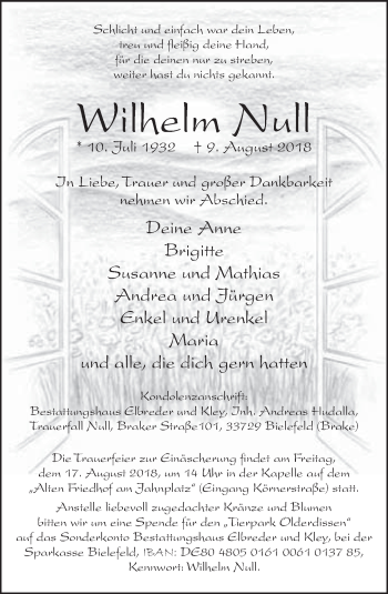 Traueranzeige von Wilhelm Null von Neue Westfälische