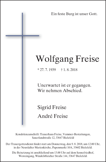 Traueranzeige von Wolfgang Freise von Neue Westfälische