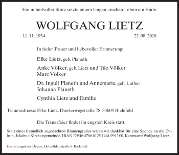Traueranzeige von Wolfgang Lietz von Neue Westfälische