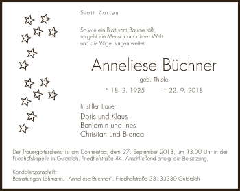 Traueranzeige von Anneliese Büchner von Neue Westfälische