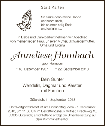 Traueranzeige von Anneliese Hombach von Neue Westfälische