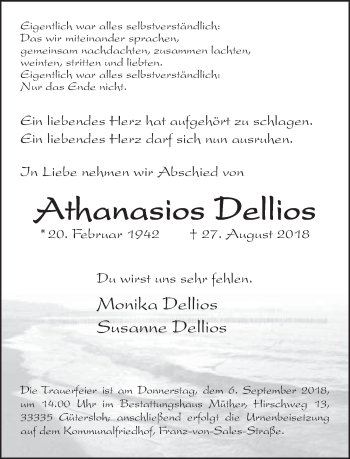 Traueranzeige von Athanasios Dellios von Neue Westfälische