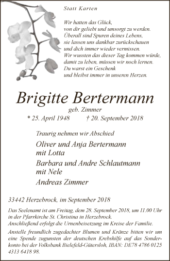 Traueranzeige von Brigitte Bertermann von Neue Westfälische