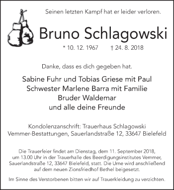 Traueranzeige von Bruno Schlagowski von Neue Westfälische