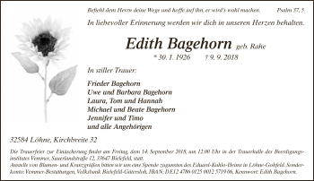 Traueranzeige von Edith Bagehorn von Neue Westfälische