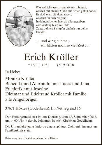 Traueranzeige von Erich Kröller von Neue Westfälische