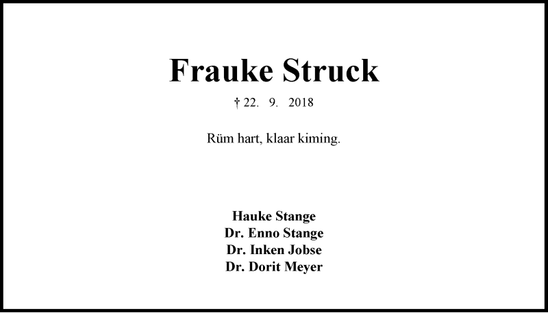  Traueranzeige für Frauke Struck vom 29.09.2018 aus Neue Westfälische