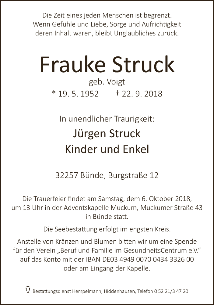  Traueranzeige für Frauke Struck vom 29.09.2018 aus Neue Westfälische