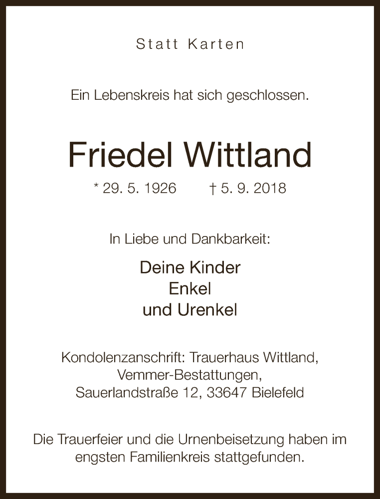  Traueranzeige für Friedel Wittland vom 22.09.2018 aus Neue Westfälische