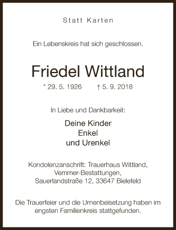 Traueranzeige von Friedel Wittland von Neue Westfälische