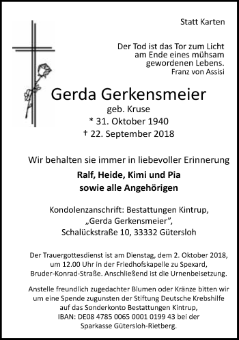 Traueranzeige von Gerda Gerkensmeier von Neue Westfälische