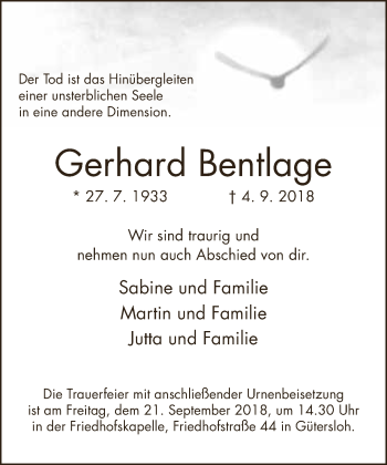 Traueranzeige von Gerhard Bentlage von Neue Westfälische