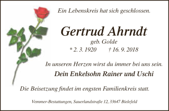 Traueranzeige von Gertrud Ahrndt von Neue Westfälische