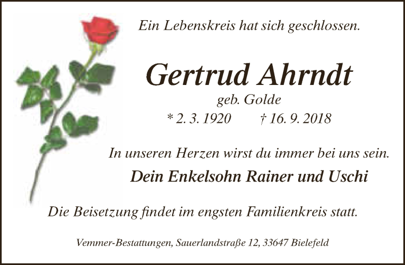  Traueranzeige für Gertrud Ahrndt vom 22.09.2018 aus Neue Westfälische