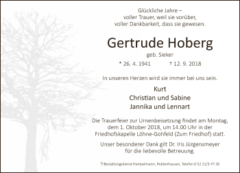Traueranzeige von Gertrude Hoberg von Neue Westfälische