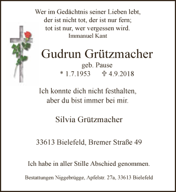 Traueranzeige von Gudrun Grützmacher von Neue Westfälische
