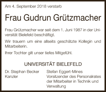 Traueranzeige von Gudrun Grützmacher von Neue Westfälische