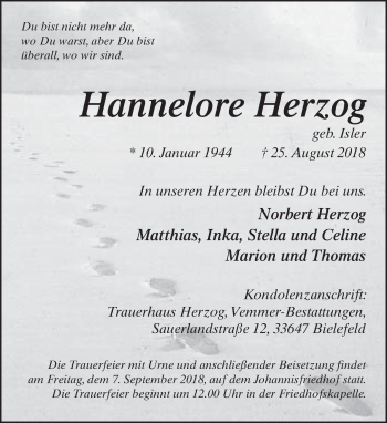 Traueranzeige von Hannelore Herzog von Neue Westfälische