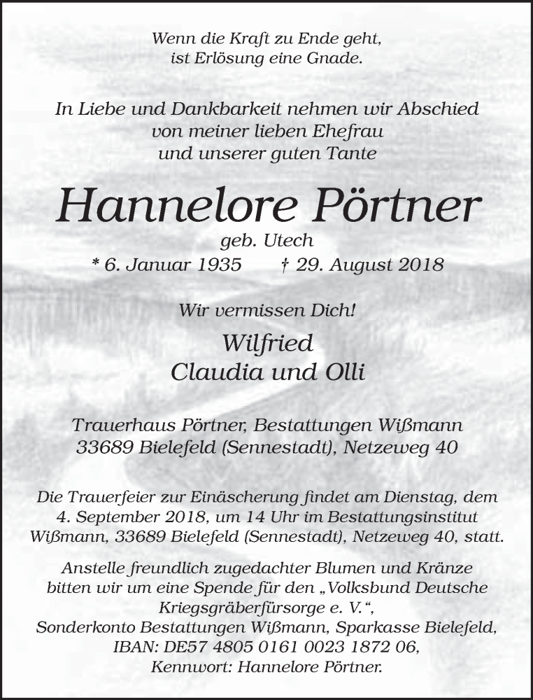 Traueranzeige für Hannelore Pörtner vom 01.09.2018 aus Neue Westfälische