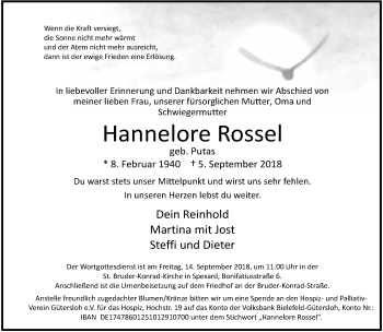 Traueranzeige von Hannelore Rossel von Neue Westfälische