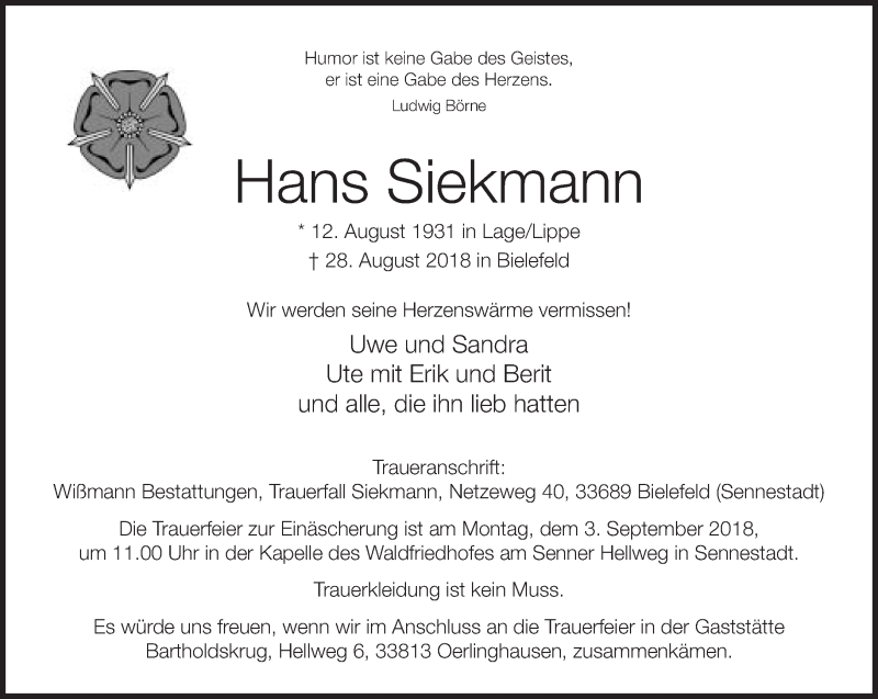  Traueranzeige für Hans Siekmann vom 01.09.2018 aus Neue Westfälische