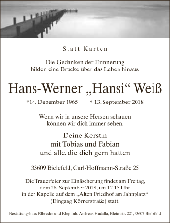 Traueranzeige von Hans-Werner Weiß von Neue Westfälische