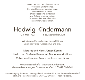 Traueranzeige von Hedwig Kindermann von Neue Westfälische