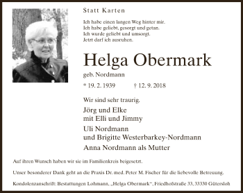 Traueranzeige von Helga Obermark von Neue Westfälische
