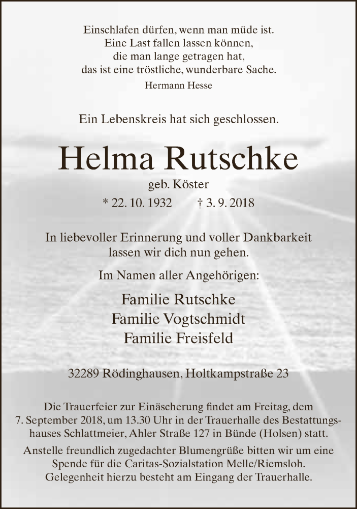  Traueranzeige für Helma Rutschke vom 05.09.2018 aus Neue Westfälische