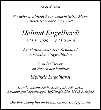 Traueranzeige von Helmut Engelhardt von Neue Westfälische