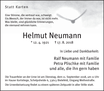 Traueranzeige von Helmut Neumann von Neue Westfälische
