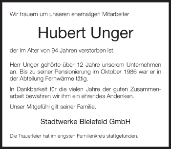 Traueranzeige von Hubert Unger von Neue Westfälische