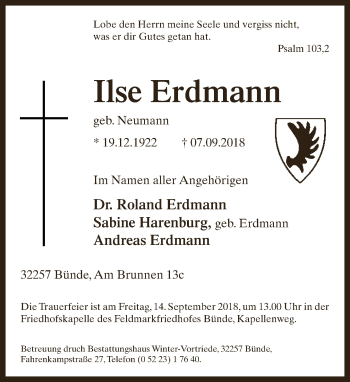 Traueranzeige von Ilse Erdmann von Neue Westfälische