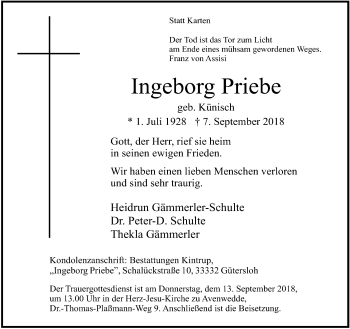 Traueranzeige von Ingeborg Priebe von Neue Westfälische