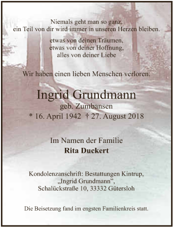 Traueranzeige von Ingrid Grundmann von Neue Westfälische