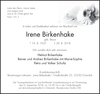 Traueranzeige von Irene Birkenhake von Neue Westfälische