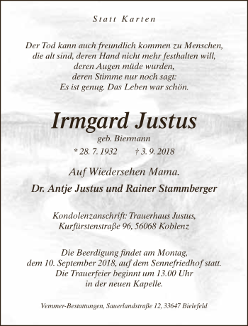 Traueranzeige von Irmgard Justus von Neue Westfälische