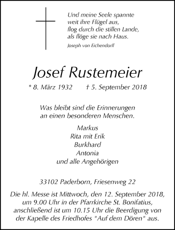 Traueranzeige von Josef Rustemeier von Neue Westfälische