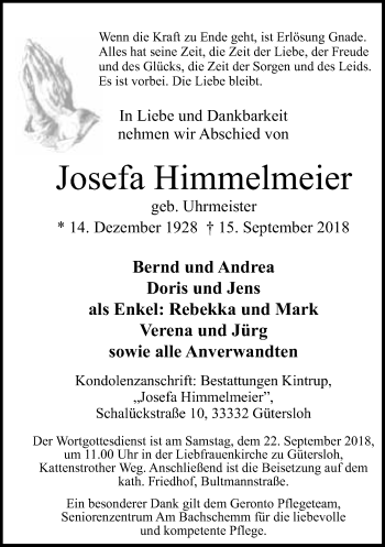 Traueranzeige von Josefa Himmelmeier von Neue Westfälische