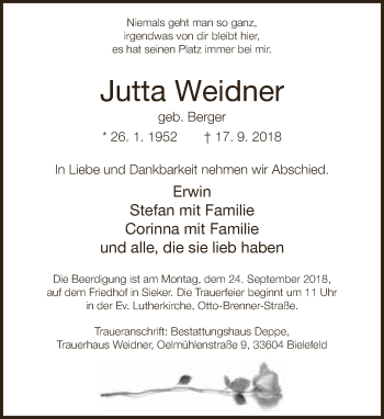 Traueranzeige von Jutta Weidner von Neue Westfälische