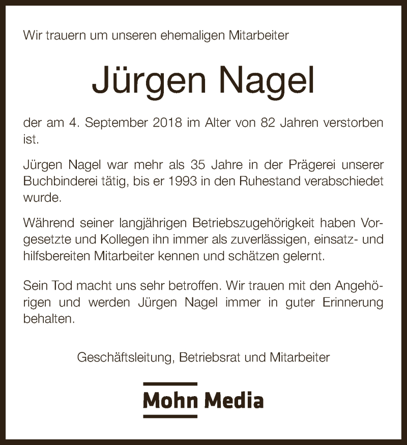  Traueranzeige für Jürgen Nagel vom 07.09.2018 aus Neue Westfälische