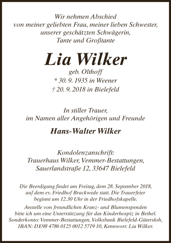 Traueranzeige von Lia Wilker von Neue Westfälische