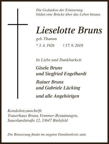 Traueranzeige von Lieselotte Bruns von Neue Westfälische
