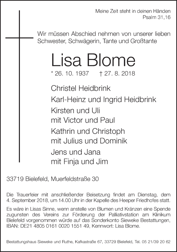  Traueranzeige für Lisa Blome vom 01.09.2018 aus Neue Westfälische
