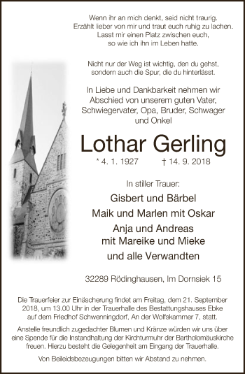 Traueranzeige von Lothar Gerling von Neue Westfälische