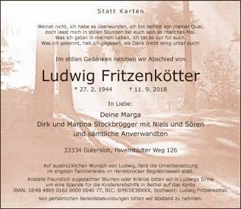 Traueranzeige von Ludwig Fritzenkötter von Neue Westfälische