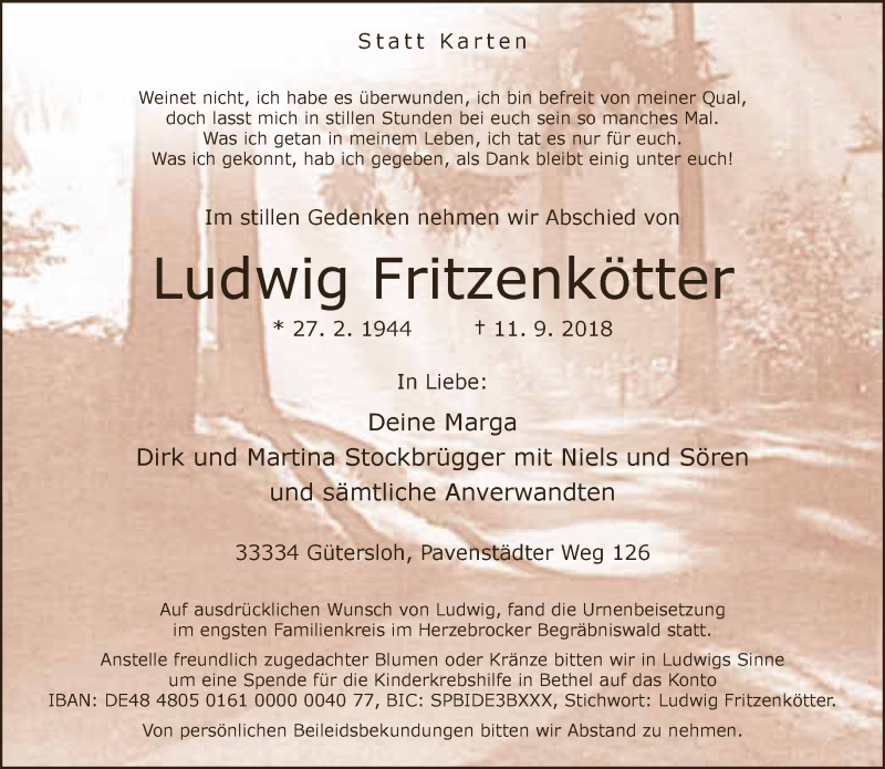  Traueranzeige für Ludwig Fritzenkötter vom 21.09.2018 aus Neue Westfälische