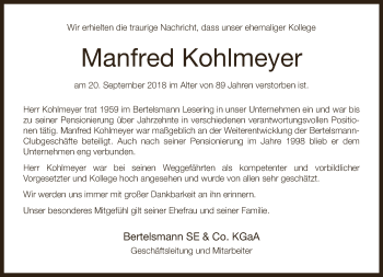 Traueranzeige von Manfred Kohlmeyer von Neue Westfälische